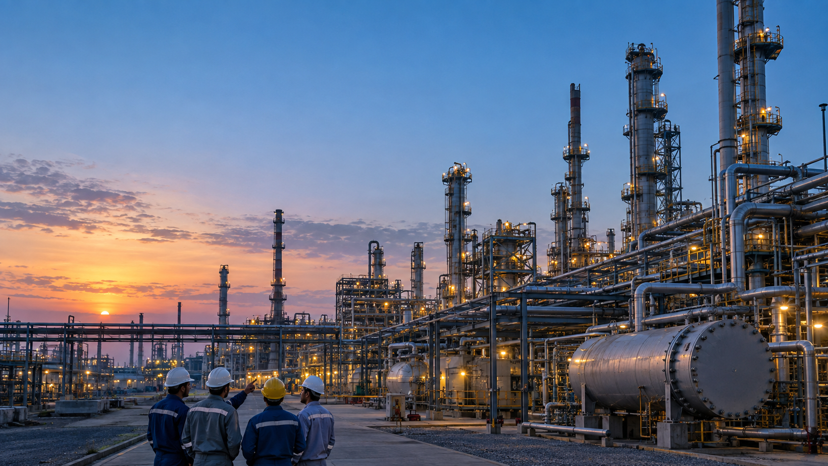 Industrial refinery complex at dusk, representing project execution support in India